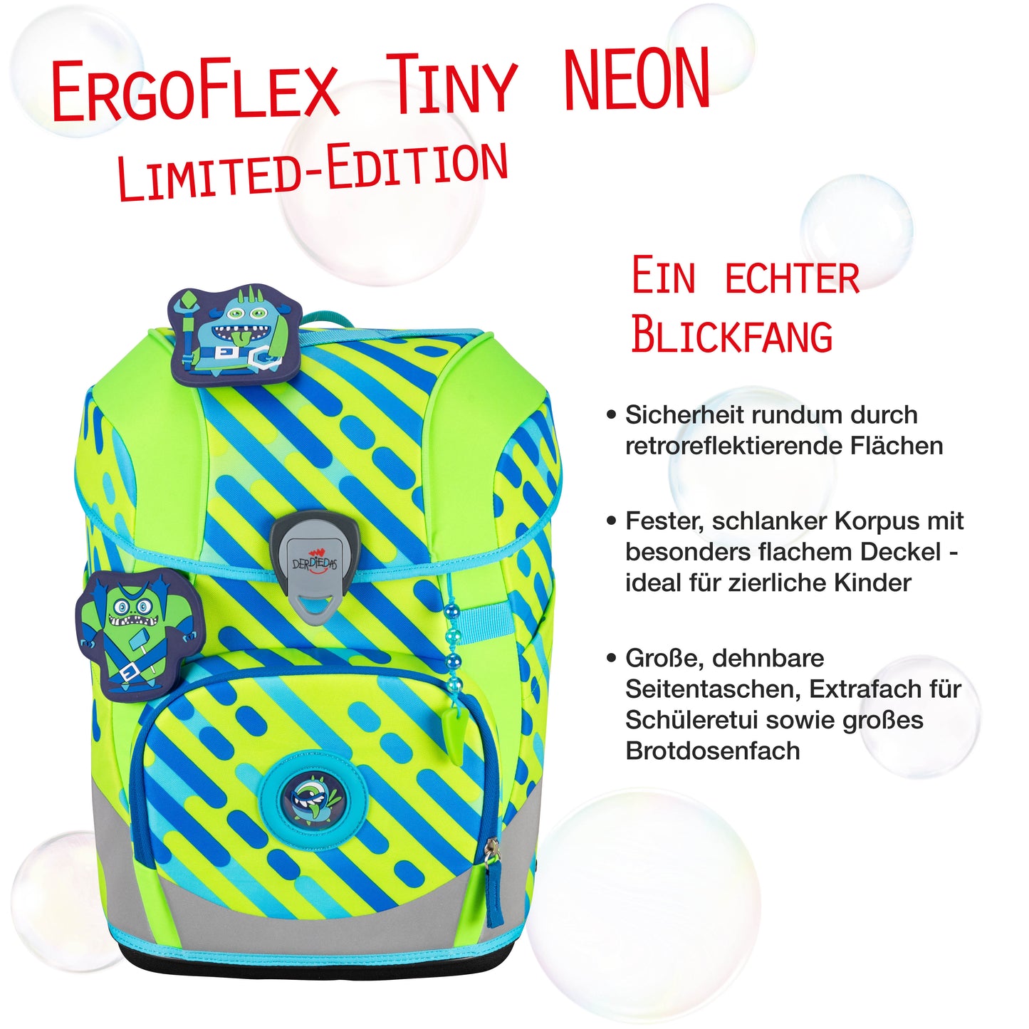 DerDieDas ErgoFlex Tiny Exklusiv Schulrucksack-Set Neon Monster