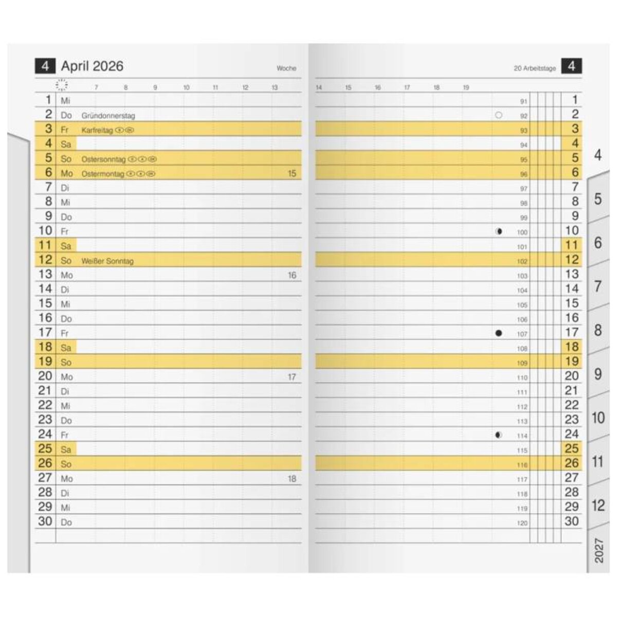 BRUNNEN Monats-Ersatzkalendarium Jahr 2026 87 × 153 mm Karton weiß Mod. M-Planer