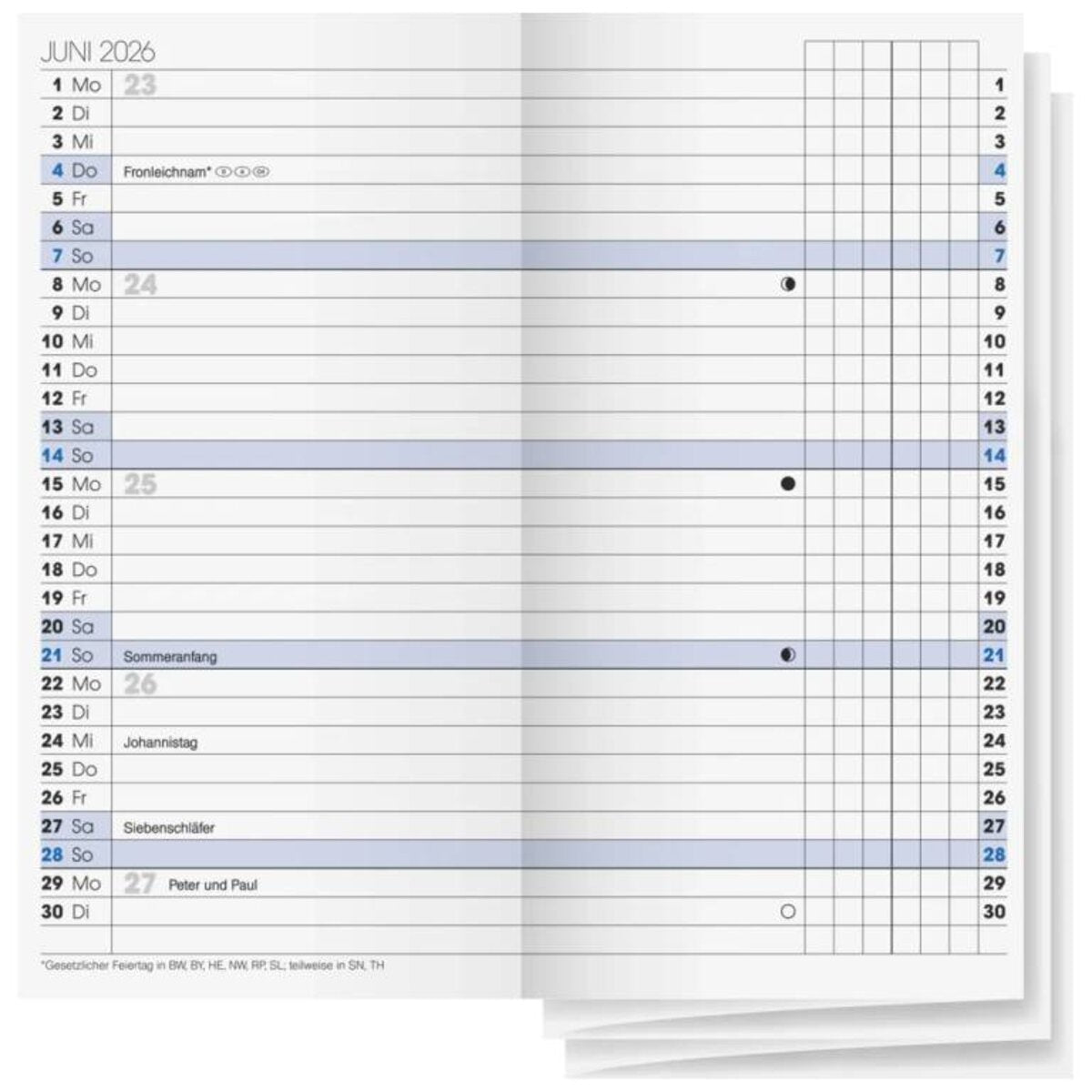 BRUNNEN Wochen-Ersatzkalendarium Jahr 2026 78 × 153 mm Mod. 740