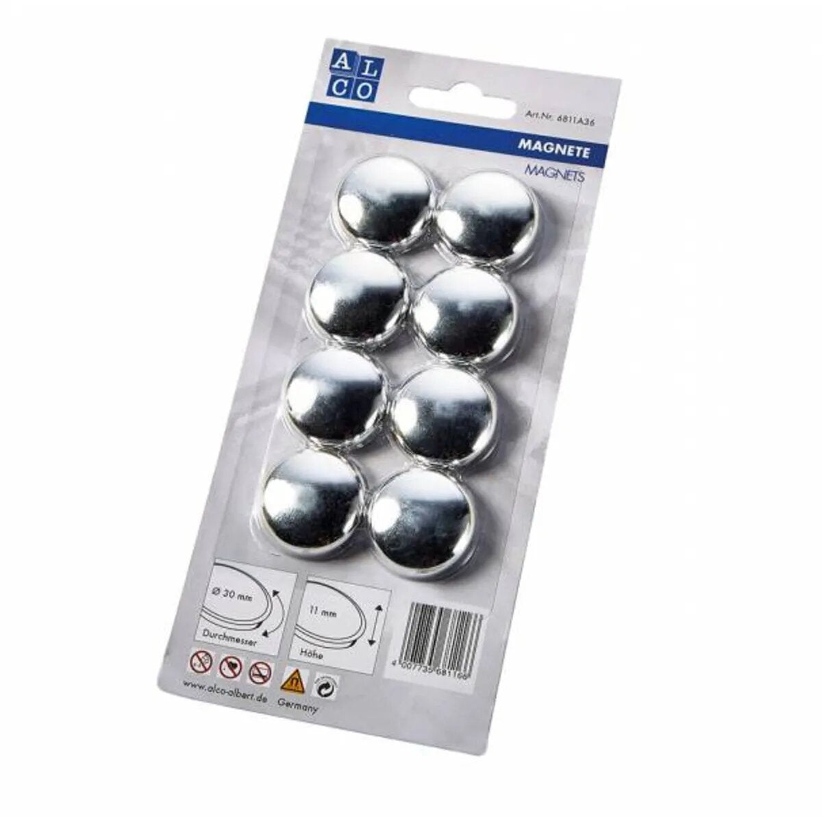 Alco Flachmagnete silberfarben Ø 30 mm, Höhe 11 mm, 8 Stück