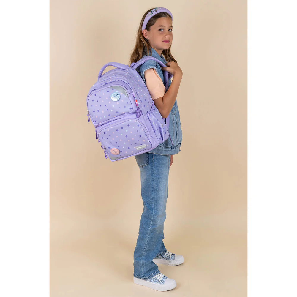 Belmil Schulrucksack Set- 2 teilig "Purple Dots" mit Brustgurt 22 Liter