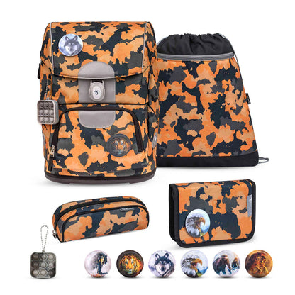 Belmil Motion Schulranzen Set 5-teilig "Orange Camouflage" mit Brustgurt 19 Liter
