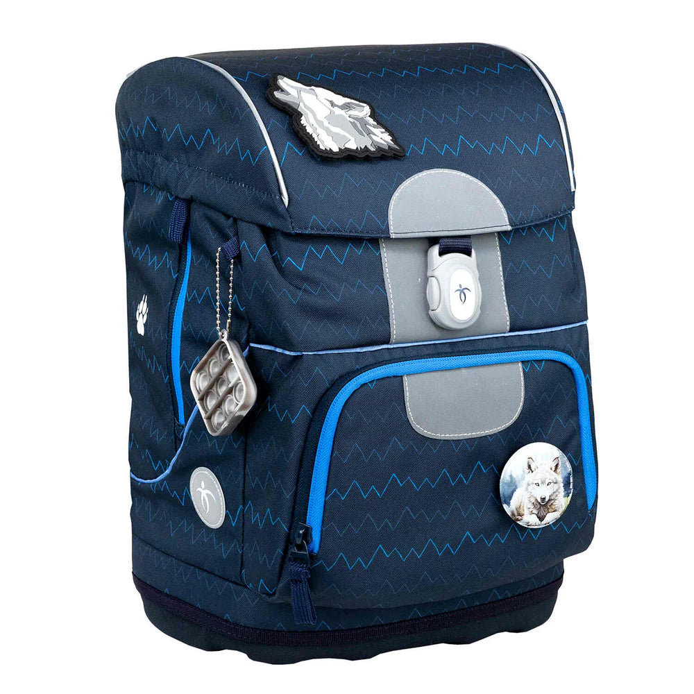 Belmil Motion ergonomisches Schulranzen Set 5-teilig "Wolves" aus recyceltem Material mit Brustgurt, Hüftgurt, Magnetverschluss, Patch Set 6 Stück