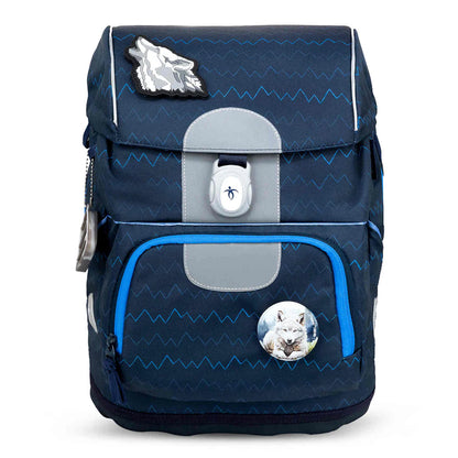 Belmil Motion ergonomisches Schulranzen Set 5-teilig "Wolves" aus recyceltem Material mit Brustgurt, Hüftgurt, Magnetverschluss, Patch Set 6 Stück