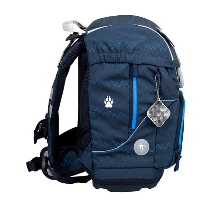 Belmil Motion ergonomisches Schulranzen Set 5-teilig "Wolves" aus recyceltem Material mit Brustgurt, Hüftgurt, Magnetverschluss, Patch Set 6 Stück