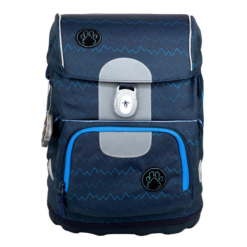 Belmil Motion ergonomisches Schulranzen Set 5-teilig "Wolves" aus recyceltem Material mit Brustgurt, Hüftgurt, Magnetverschluss, Patch Set 6 Stück