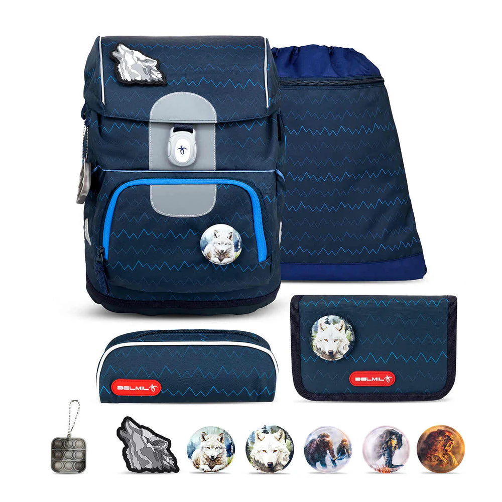 Belmil Motion ergonomisches Schulranzen Set 5-teilig "Wolves" aus recyceltem Material mit Brustgurt, Hüftgurt, Magnetverschluss, Patch Set 6 Stück