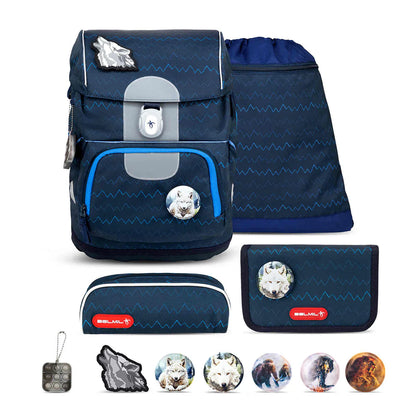 Belmil Motion ergonomisches Schulranzen Set 5-teilig "Wolves" aus recyceltem Material mit Brustgurt, Hüftgurt, Magnetverschluss, Patch Set 6 Stück