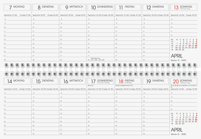 Querterminbuch 2026 | 297×105 mm, Karton, rot