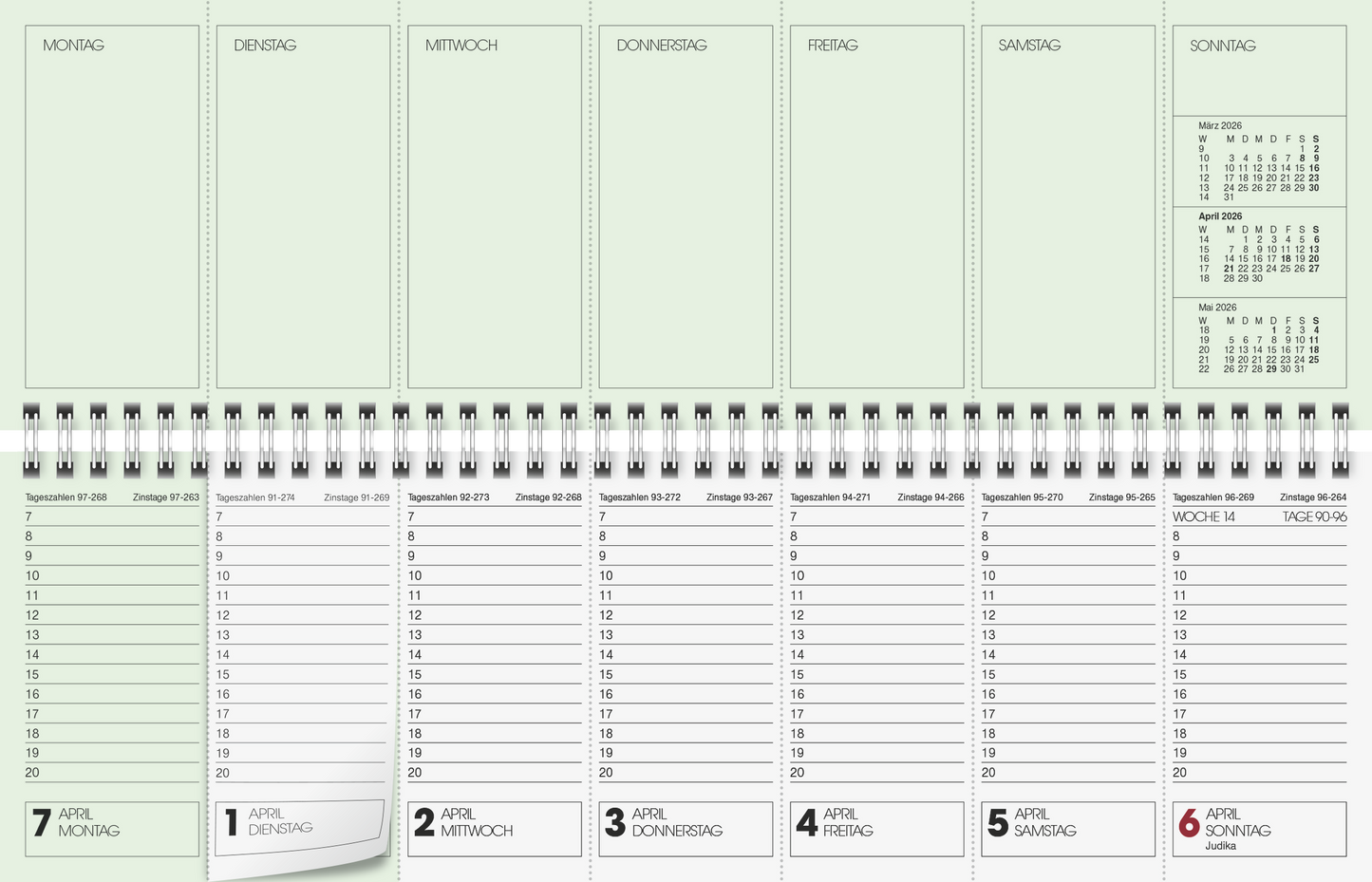 Querterminbuch 2026 | 326×102 mm, Karton, grün
