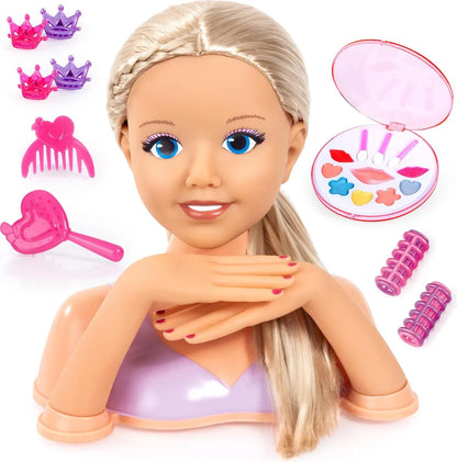 Frisierkopf, Schminkkopf, Styling Kopf mit Haarzubehör, Händen, Make-up 25 cm