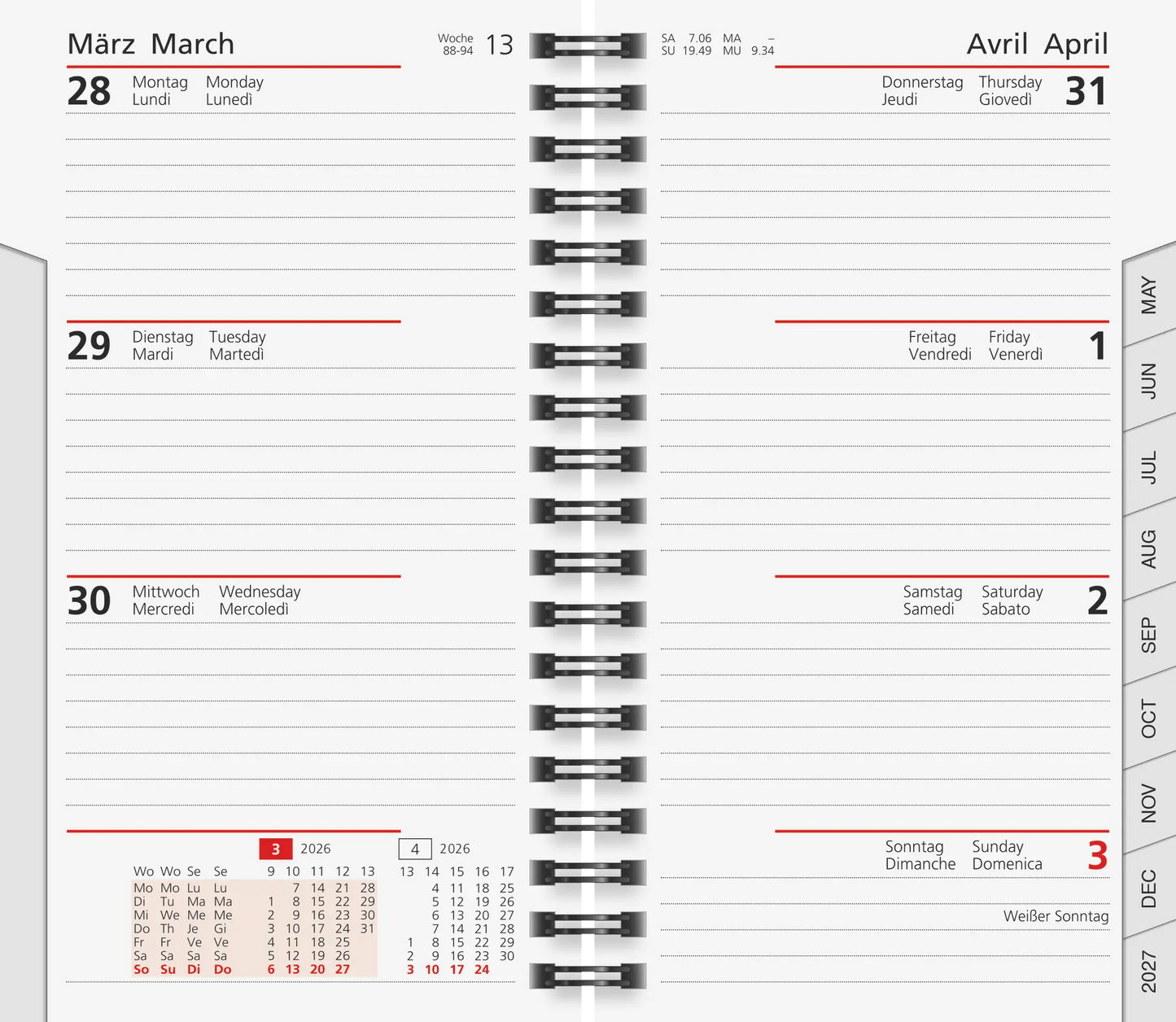 BRUNNEN Wochen-Ersatzkalendarium Jahr 2026  87×153 mm Karton weiß Mod. Taschenplaner int.