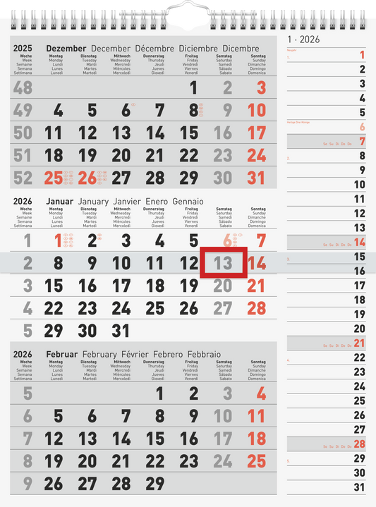 BRUNNEN 
3-Monatskalender Jahr 2026 grau 300 × 390 mm