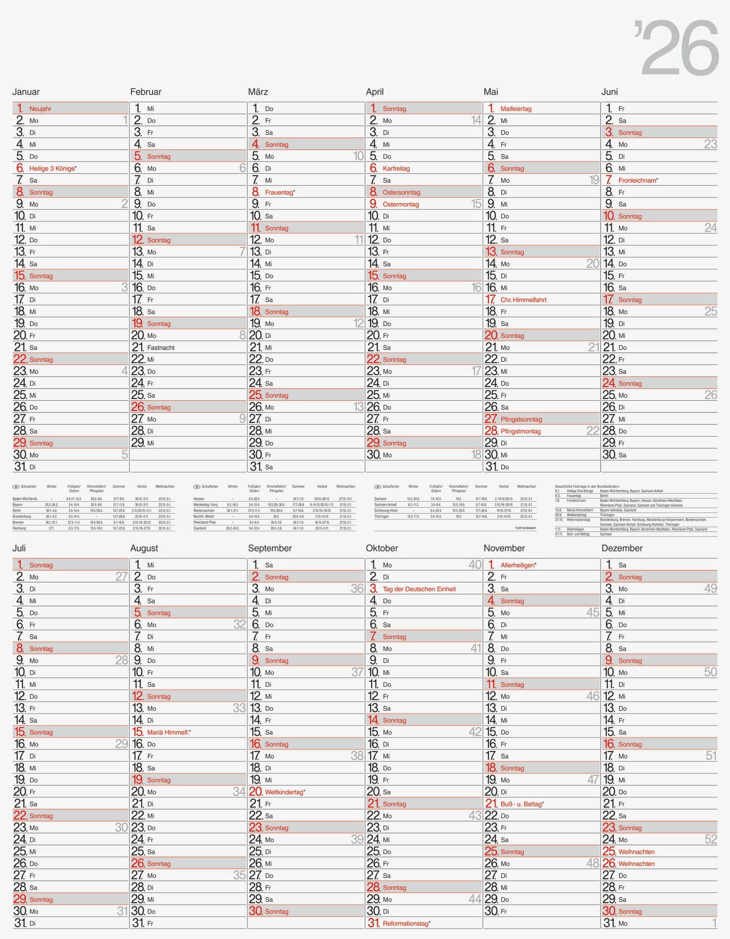 Plakatkalender Mod. Vertikal 2026 | 700×900 mm