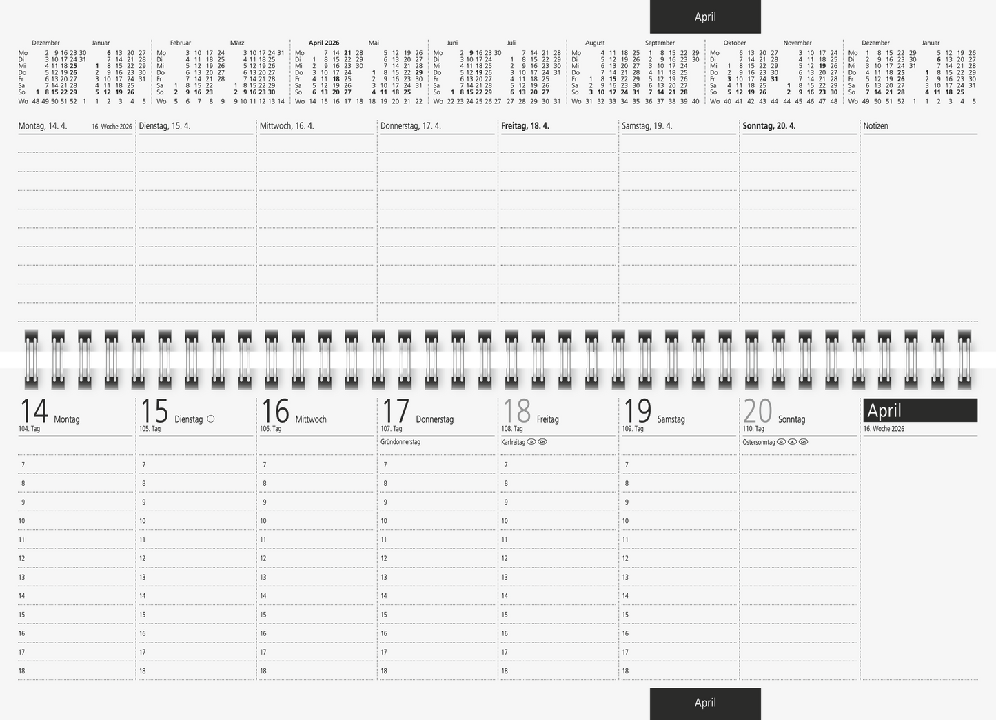 BRUNNEN Querterminbuch Jahr 2026 297 × 105 mm Karton weiß Mod. Sequenz
