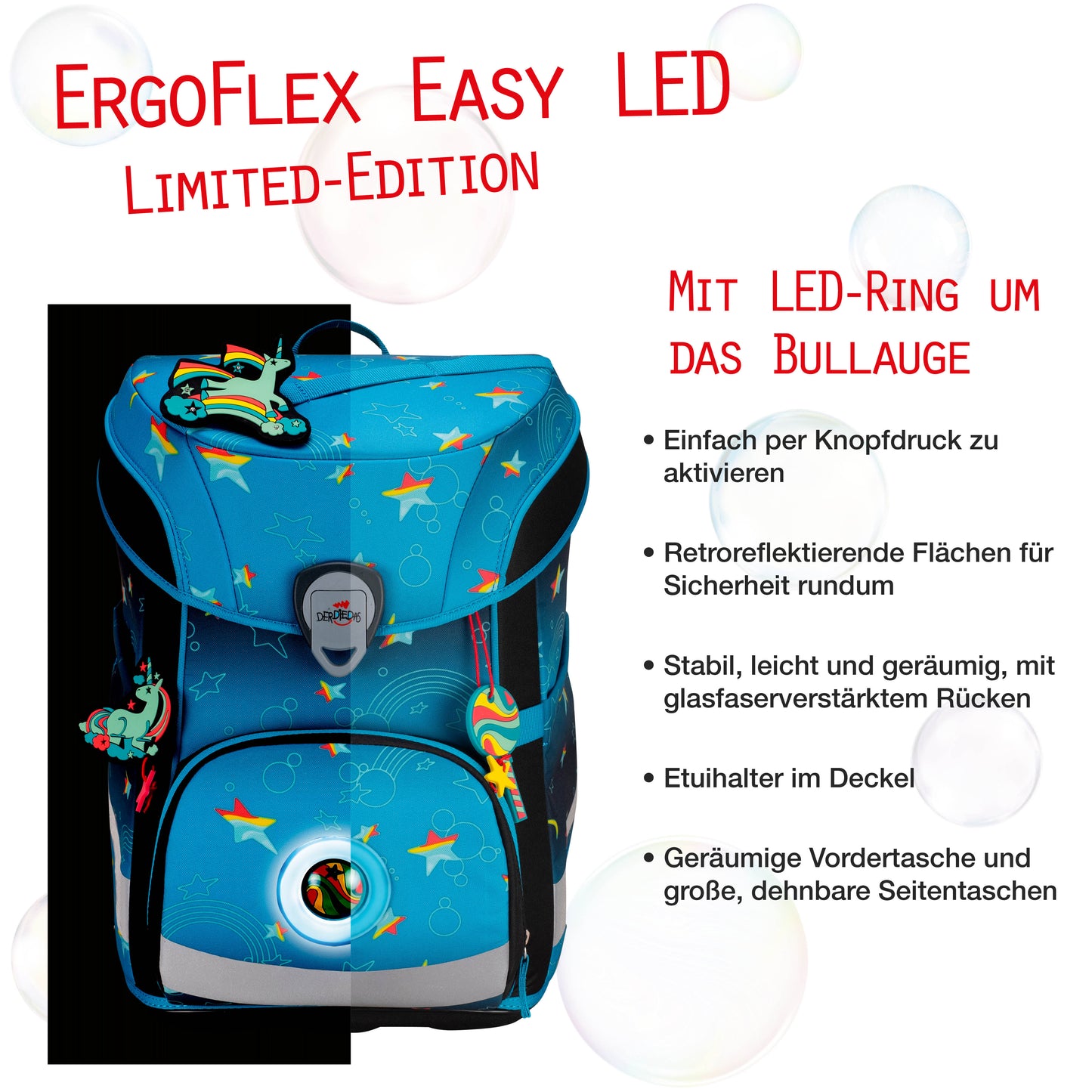DerDieDas ErgoFlex Easy Exklusiv LED Schulrucksack-Set Rainbow Star