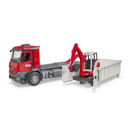 BRUDER® 3624 MB Arocs LKW mit Abrollcontainer u. Schaeff HR16 Minibagger