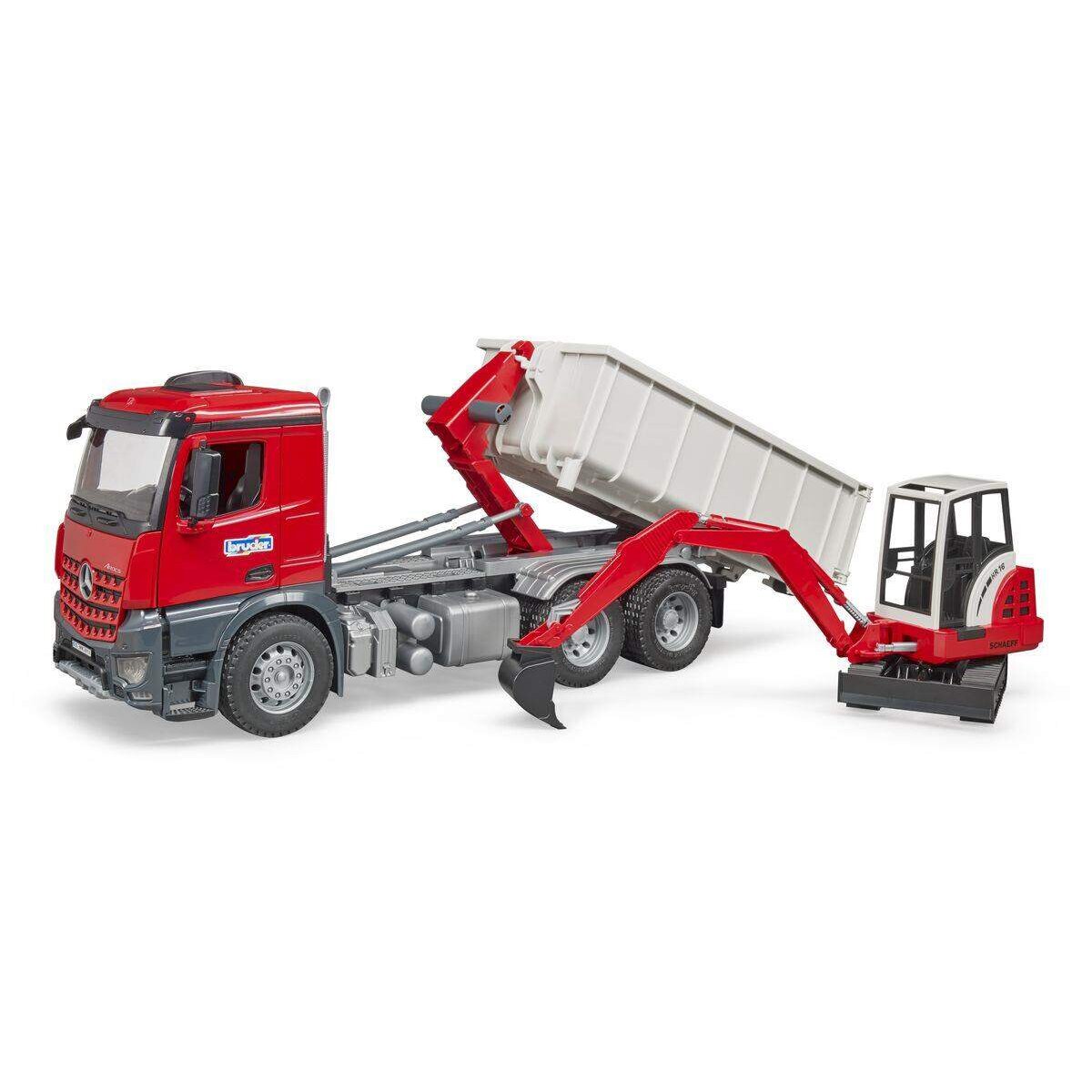 BRUDER® 3624 MB Arocs LKW mit Abrollcontainer u. Schaeff HR16 Minibagger