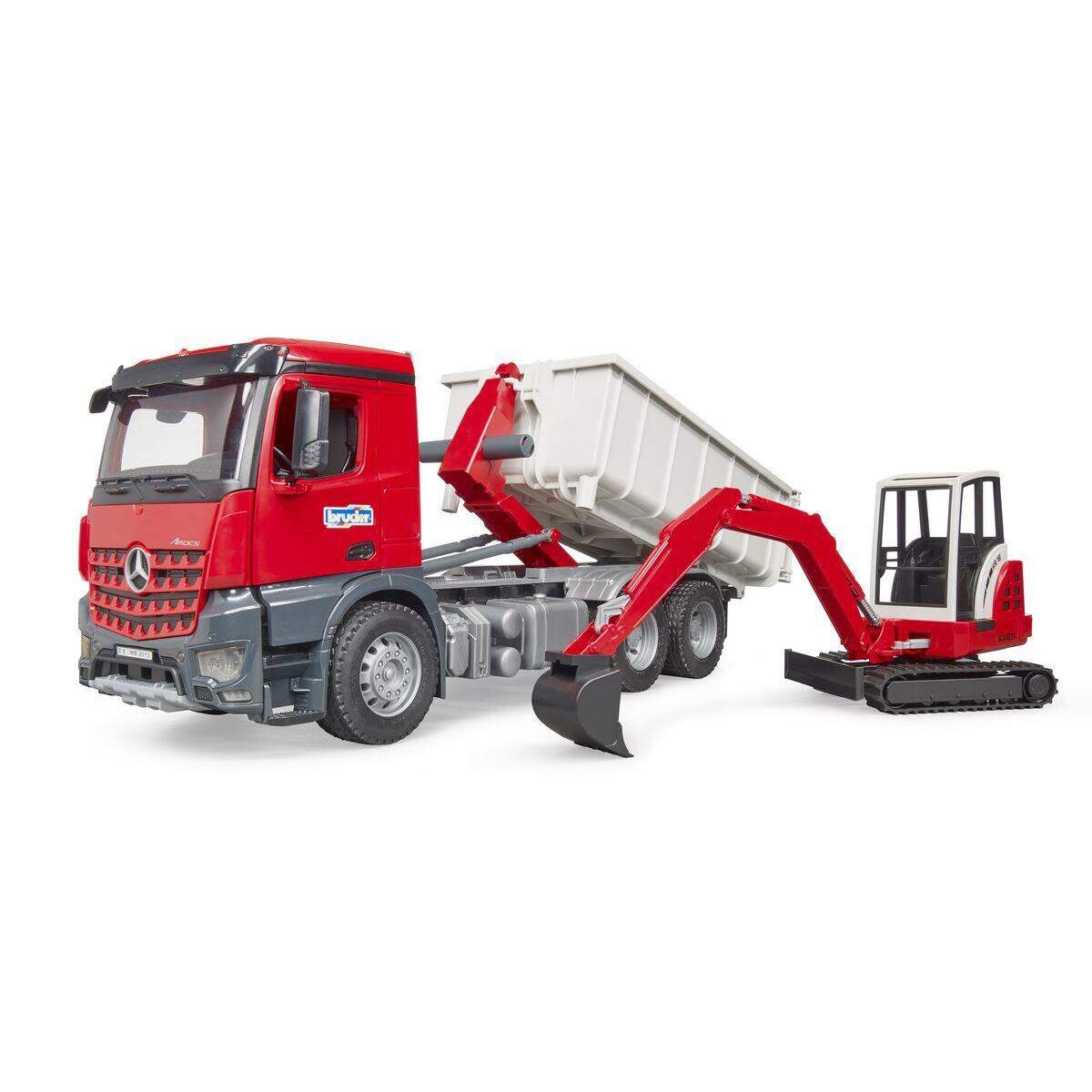 BRUDER® 3624 MB Arocs LKW mit Abrollcontainer u. Schaeff HR16 Minibagger