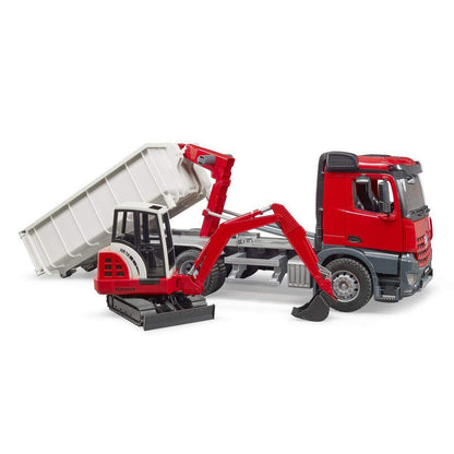 BRUDER® 3624 MB Arocs LKW mit Abrollcontainer u. Schaeff HR16 Minibagger