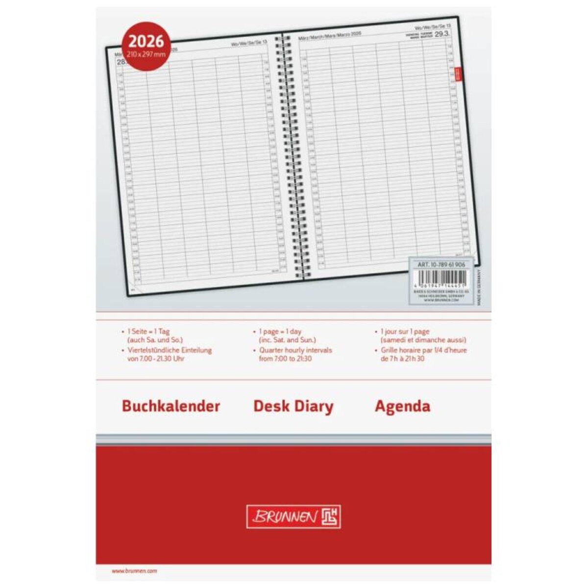 BRUNNEN Buchkalender Jahr 2026 A4, Kunststoff grau Mod. 789