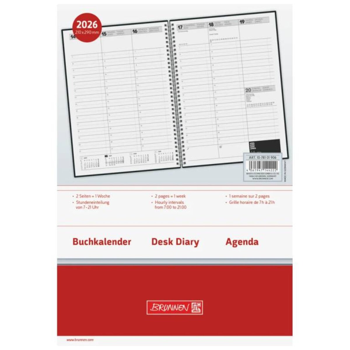 BRUNNEN Buchkalender Jahr 2026 A4 Kunststoff schwarz 144 Seiten Mod. 781
