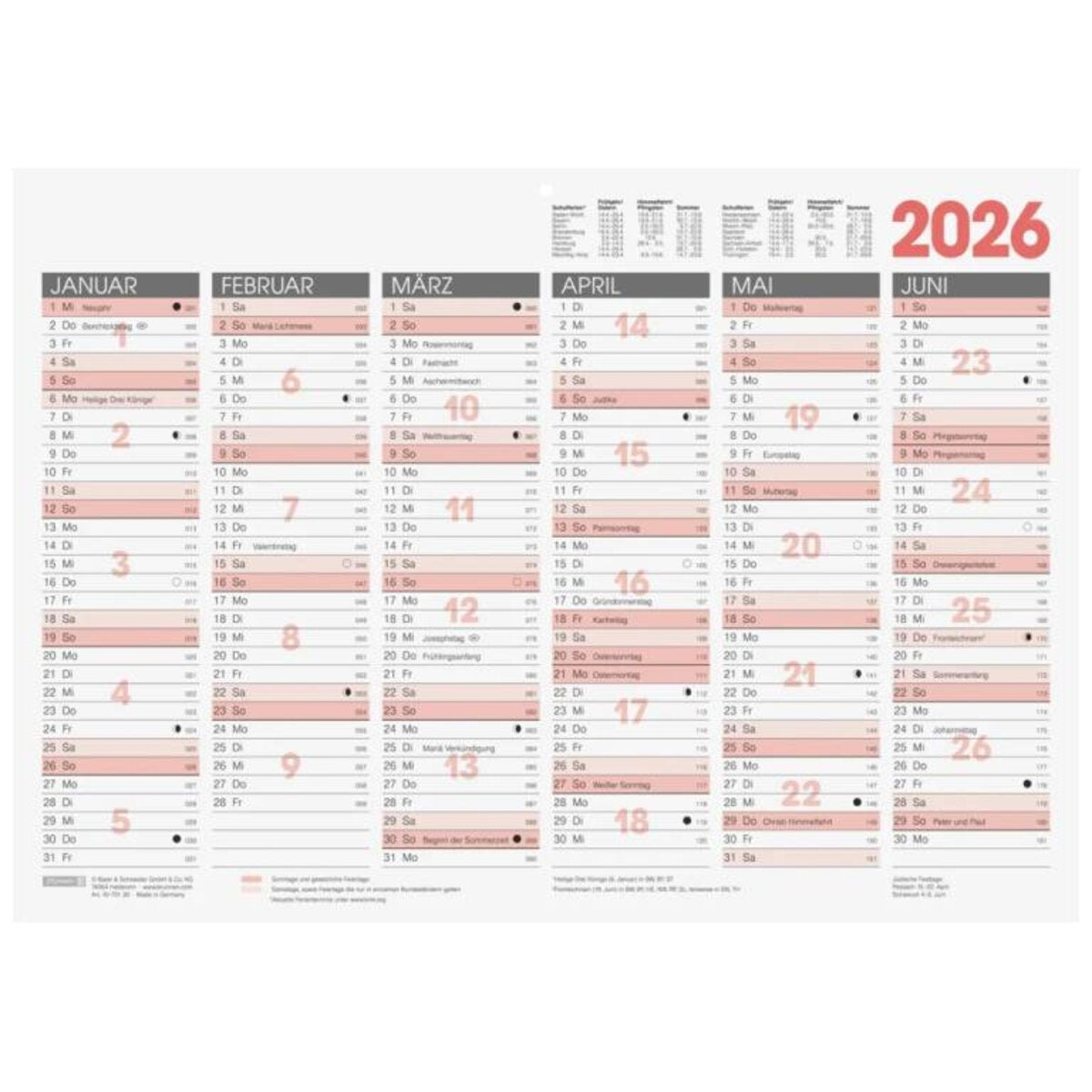BRUNNEN Tafelkalender 2026 A3 quer schwarz rot 420 × 297 mm