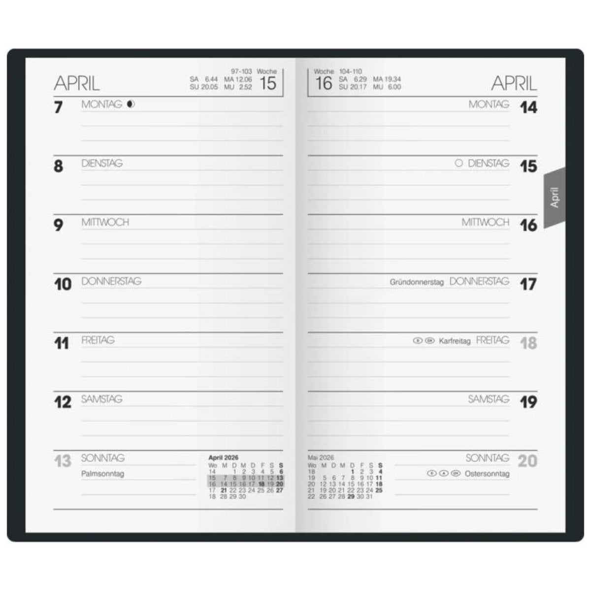 BRUNNEN Taschenkalender Jahr 2026 87 × 153 mm A6 Karton schwarz Mod. 758