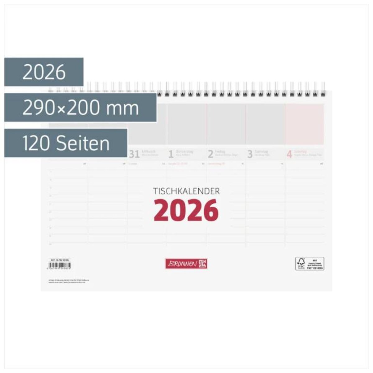 BRUNNEN Tischkalender 2026 290 × 200 mm weiß