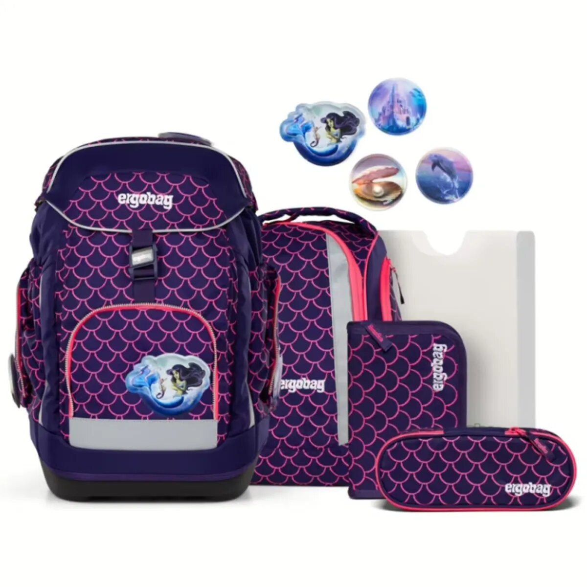 ergobag Maxi Schulranzen-Set PerlentauchBär, 6-teilig Rosa, Lila 24 Liter