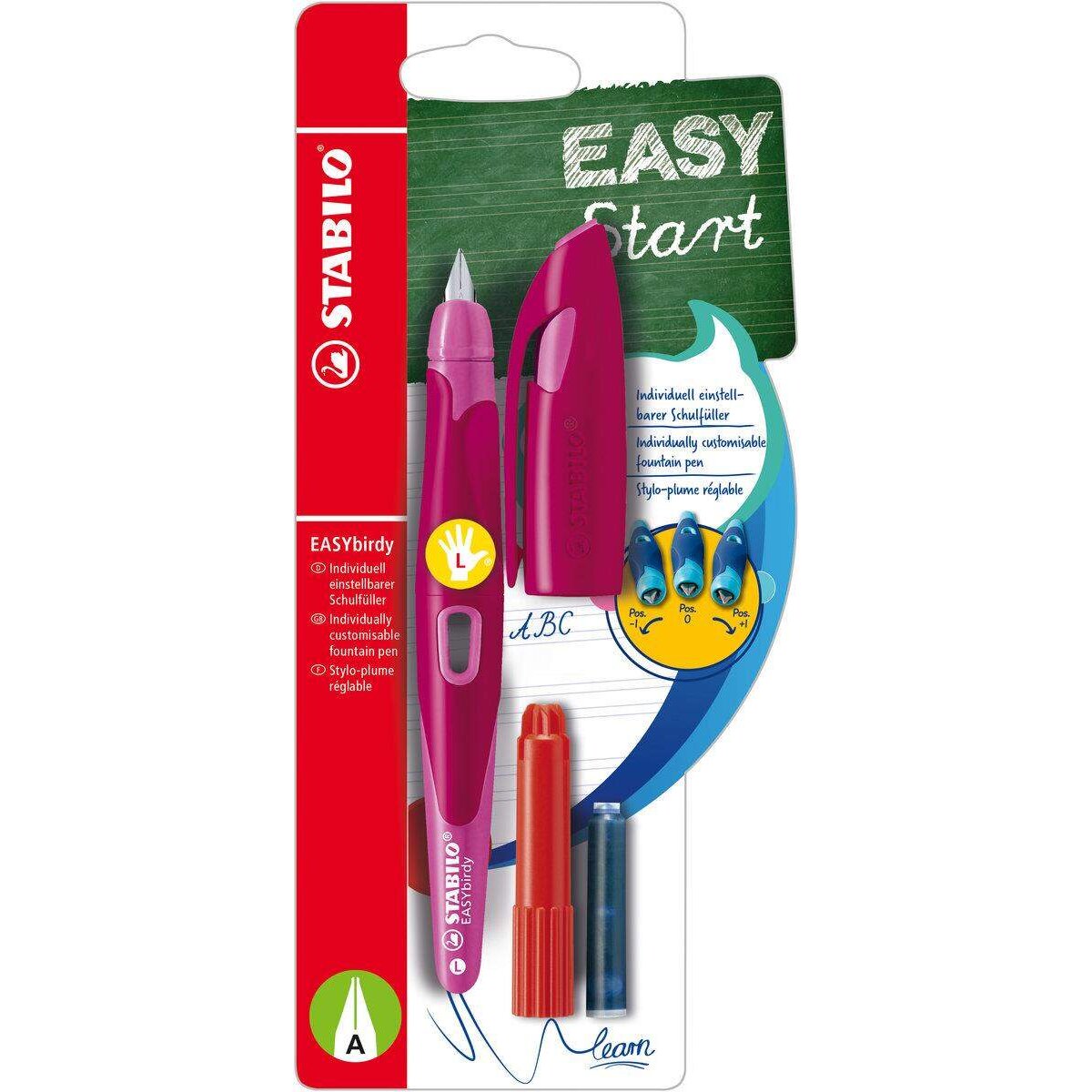 Ergonomischer Schulfüller für Linkshänder mit Anfänger-Feder A - STABILO EASYbirdy in beere/pink - Einzelstift - inklusive Patrone und Einstellwerkzeug - Schreibfarbe blau (löschbar)