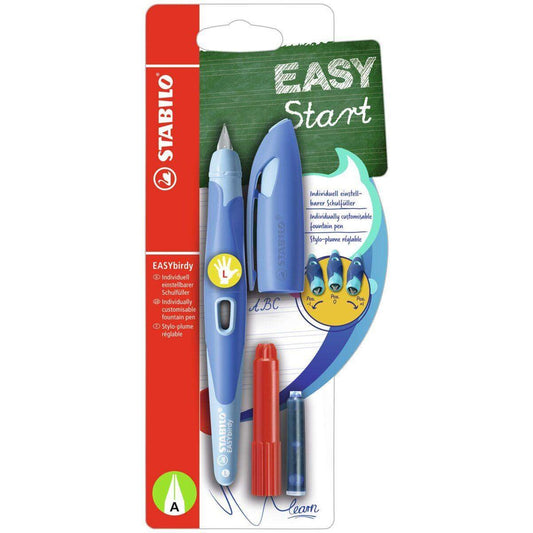 Ergonomischer Schulfüller für Linkshänder mit Anfänger-Feder A - STABILO EASYbirdy Pastel Edition in blau/hellblau - Einzelstift - inklusive Patrone und Einstellwerkzeug - Schreibfarbe blau (löschbar)
