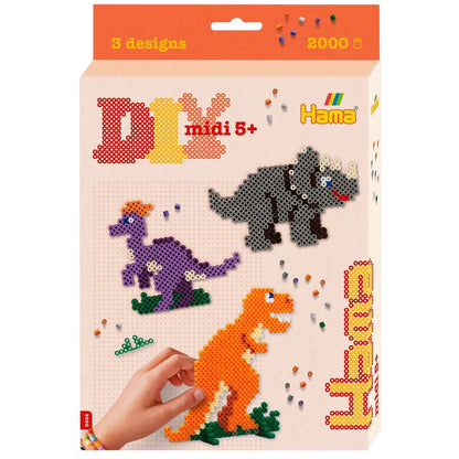 Hama Midi Bügelperlen, Geschenk-Set Dino, ca. 2.000 Stück, Stiftplatte, inkl. Bügelpapier, Ø 5,0 mm