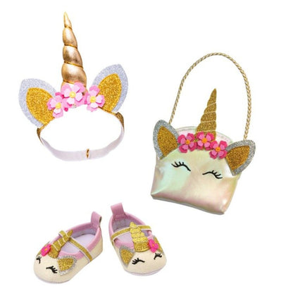 Heless Puppen-Accessoires-Set "Glitzer-Einhorn", 3-teilig: Ballerinas, Tasche und Haarband, Gr. 30-34 cm