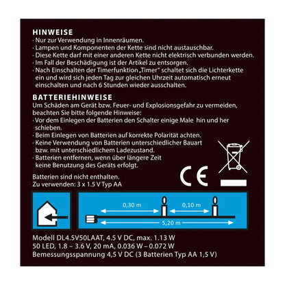 Idena Lichterkette 50 LED warmweiß 6h Timer 5,2m