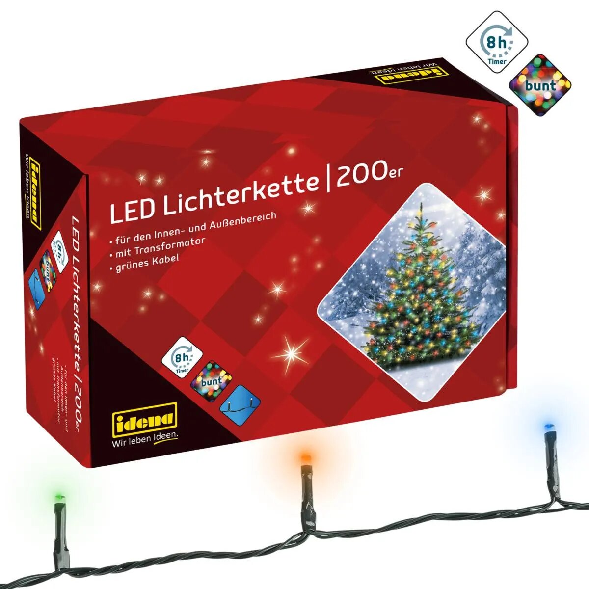 Idena LED Lichterkette 200er, bunt, innen und außen