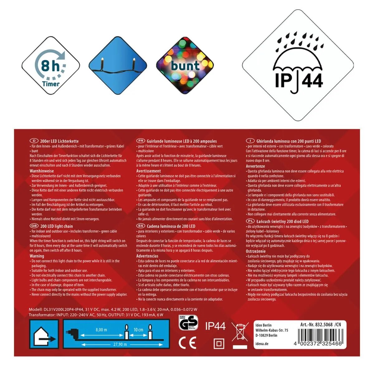 Idena LED Lichterkette 200er, bunt, innen und außen