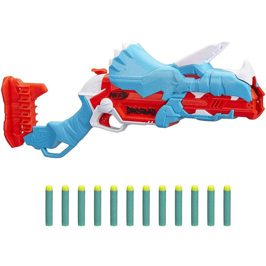 Nerf DinoSquad Tricera-Blast Dart-Blaster, aufklappbarer 3-Dart Lauf, 12 Nerf Darts