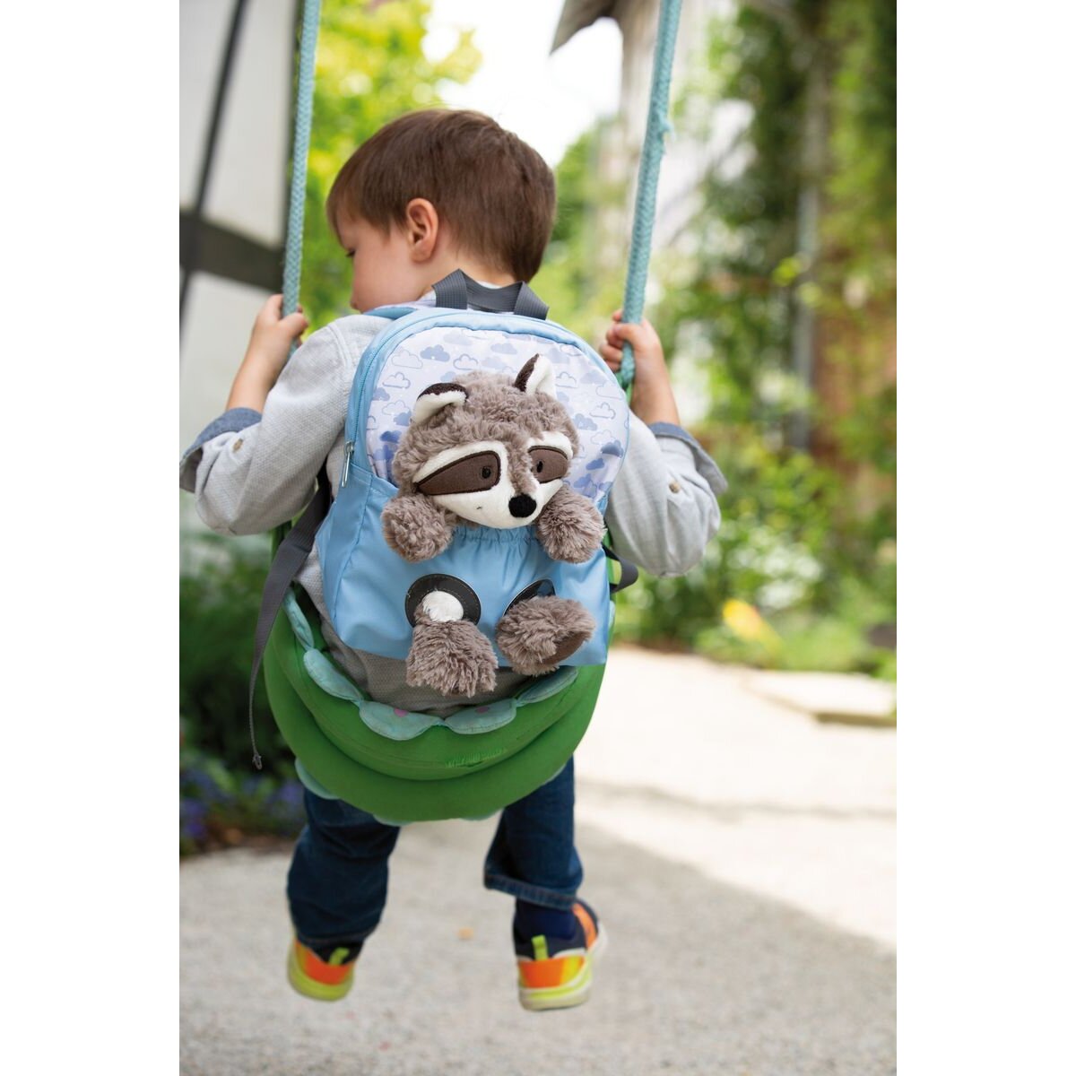 NICI Rucksack mit Waschbär Plüschtier blau