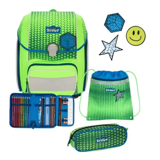 Scout Schulranzen-Set Genius DIN Neon Safety Green Gecko, 4-teilig