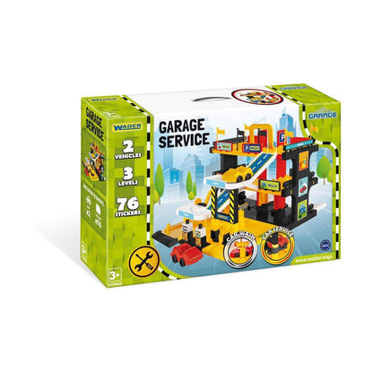 Wader Service Garage auf drei Ebenen mit Aufzug, Servicebereich und zwei Fahrzeugen