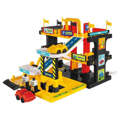 Wader Service Garage auf drei Ebenen mit Aufzug, Servicebereich und zwei Fahrzeugen