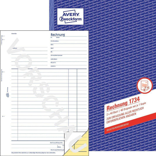 Avery Zweckform 1734 Rechnung, A4, selbstdurchschreibend, 2x40 Blatt