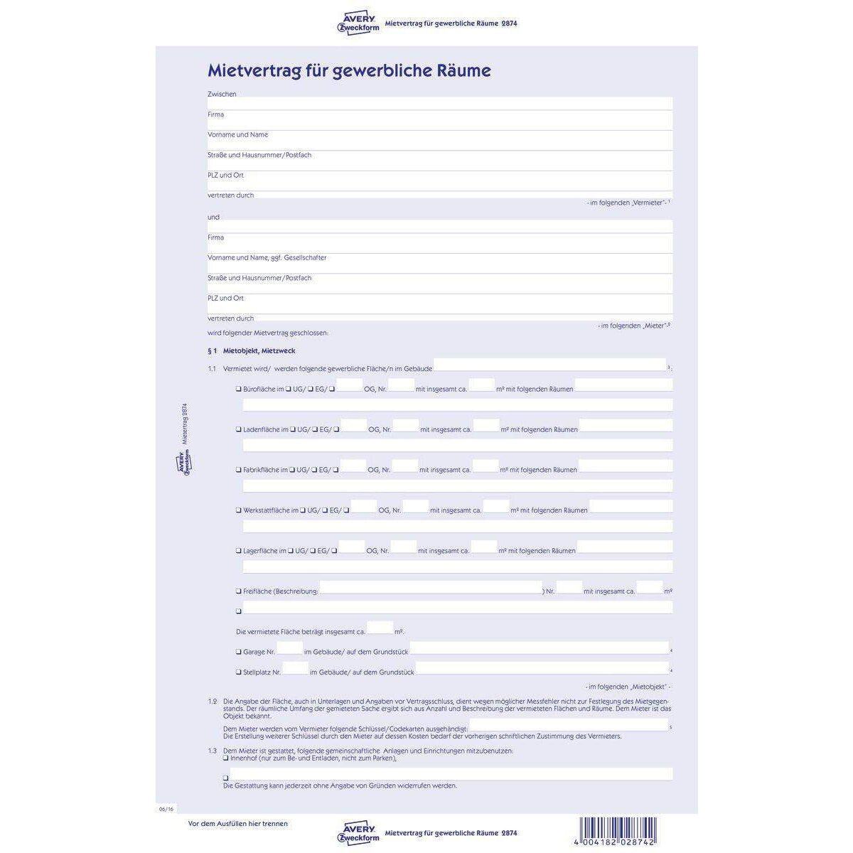 Avery Zweckform 2874 Mietvertrag für gewerbliche Räume, A4, 6-seitig, mit Durchschlag
