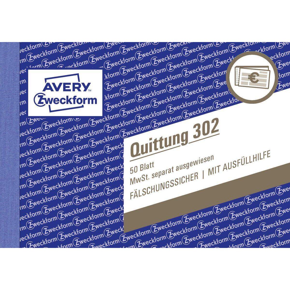 Avery Zweckform 302 Quittung MwSt. separat ausgewiesen, A6 quer, 50 Originale, 50 Blatt