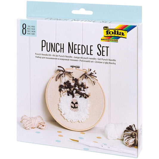 Folia Punch Needle Set mit flauschigem Alpaka Motiv, 8-teiliges Komplettset mit Stickrahmen