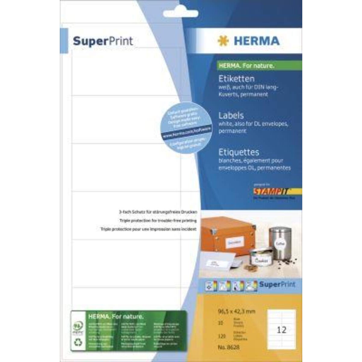 HERMA 8628 Etiketten A4 97x42,3mm weiß 10 Blatt