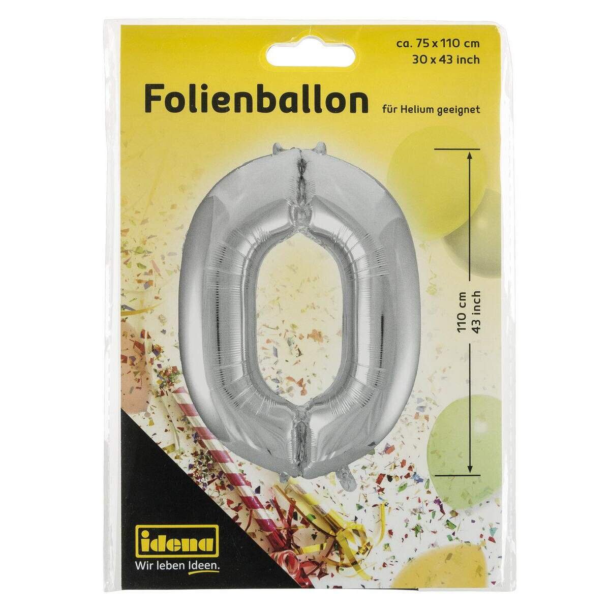 Idena Folienballon "0", 75 x 110 cm, für Helium geeignet, silber