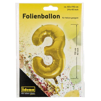 Idena Folienballon "3", 60 x 110 cm, für Helium geeignet, gold