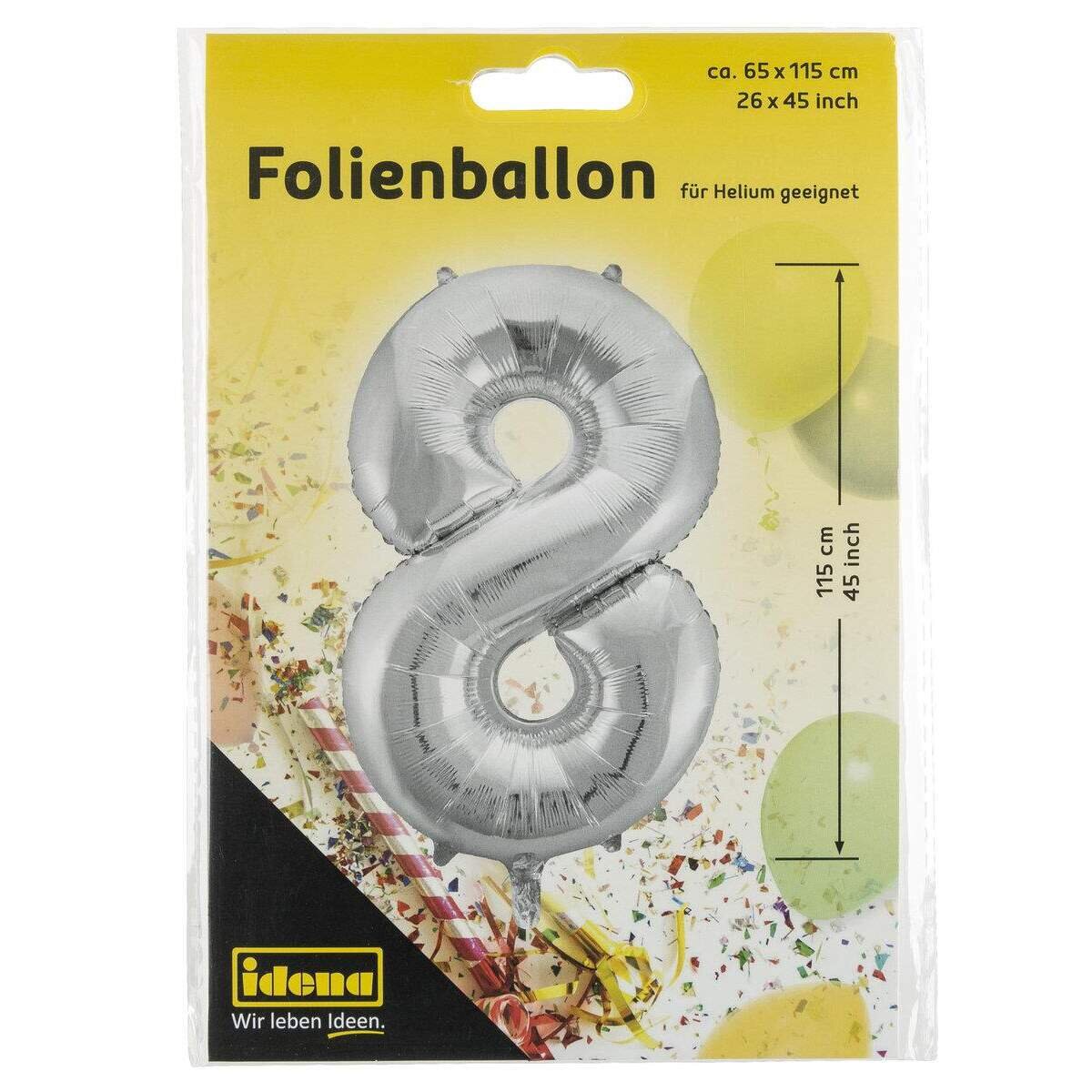 Idena Folienballon "8", 65 x 115 cm, für Helium geeignet, silber